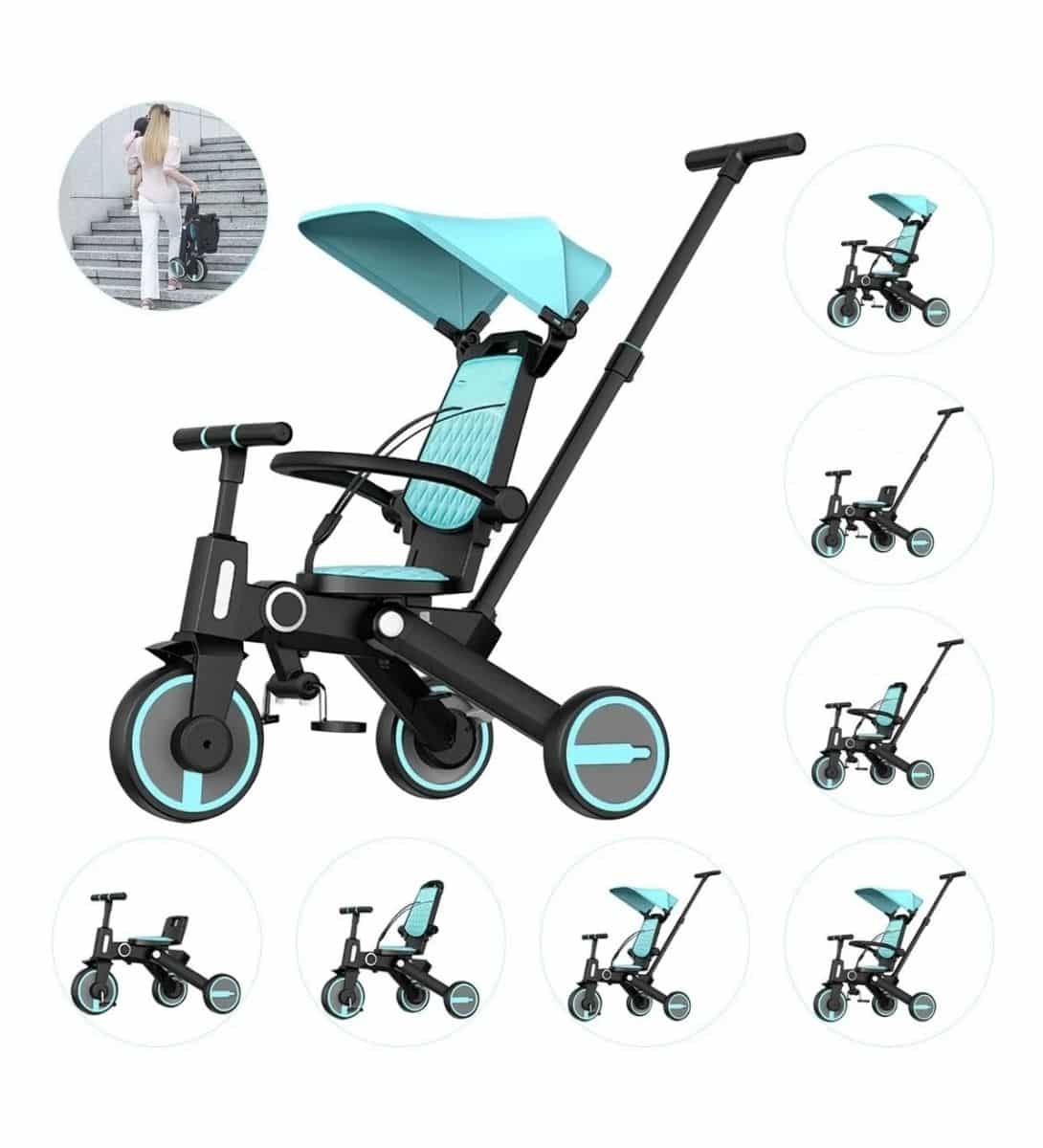 Triciclo para bebé, triciclo plegable 6 en 1, con mango ajustable para  padres, toldo extraíble, arnés de seguridad, frenos de rueda,  almacenamiento