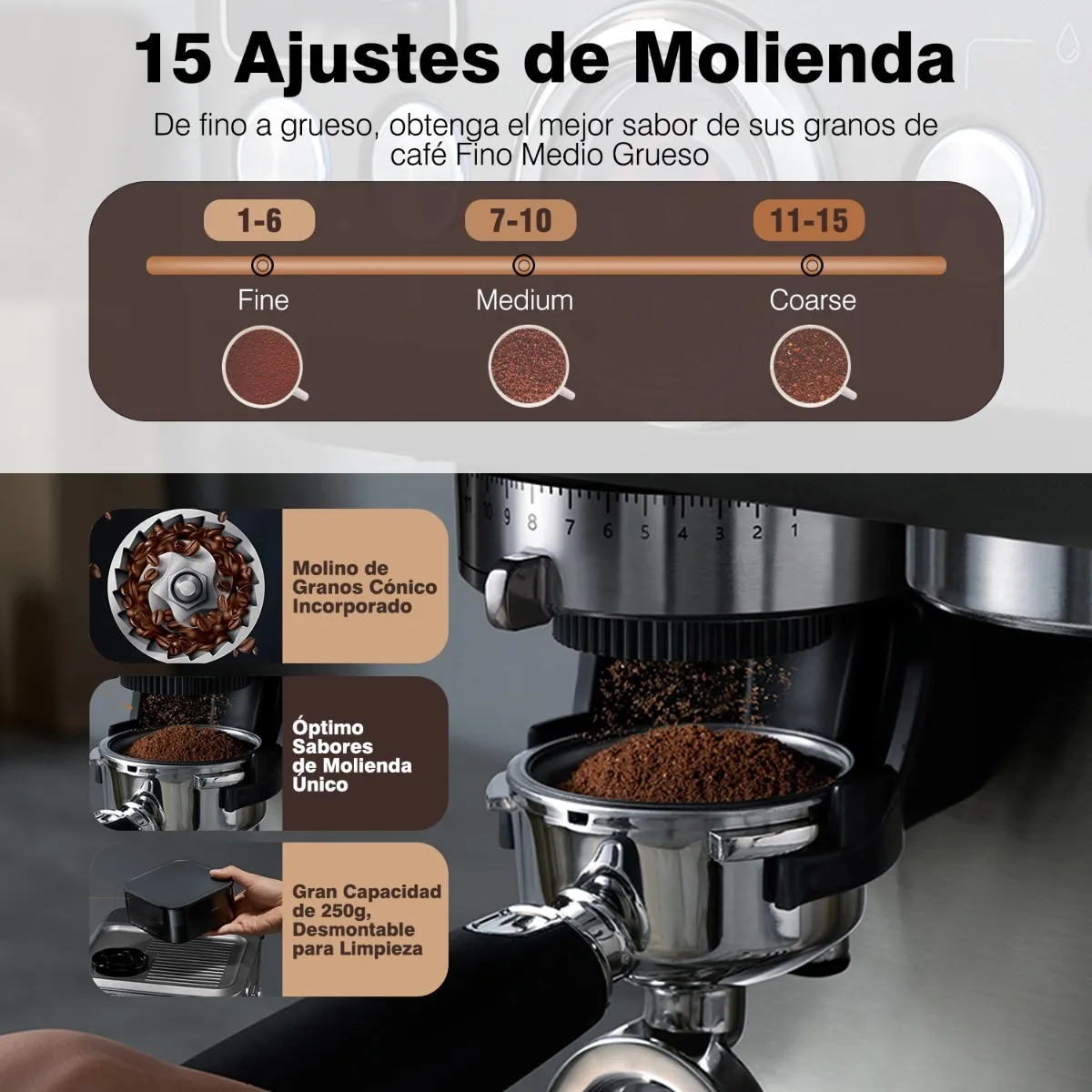 Cafetera con molinillo integrado, molinillo de café y máquina todo en uno,  cafetera de grano a taza, capacidad de 12 a 15 onzas, tecnología de presión