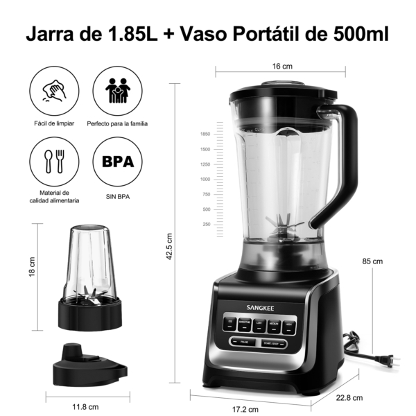 Licuadora Sangkee Profesional 6 Cuchillas | 1.85L y Vaso Portátil - Image 8